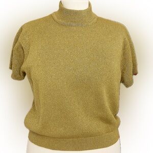 Norton McNaughton Petite Gold Metallic Thread Short Sleeve Mock Neck Sweater